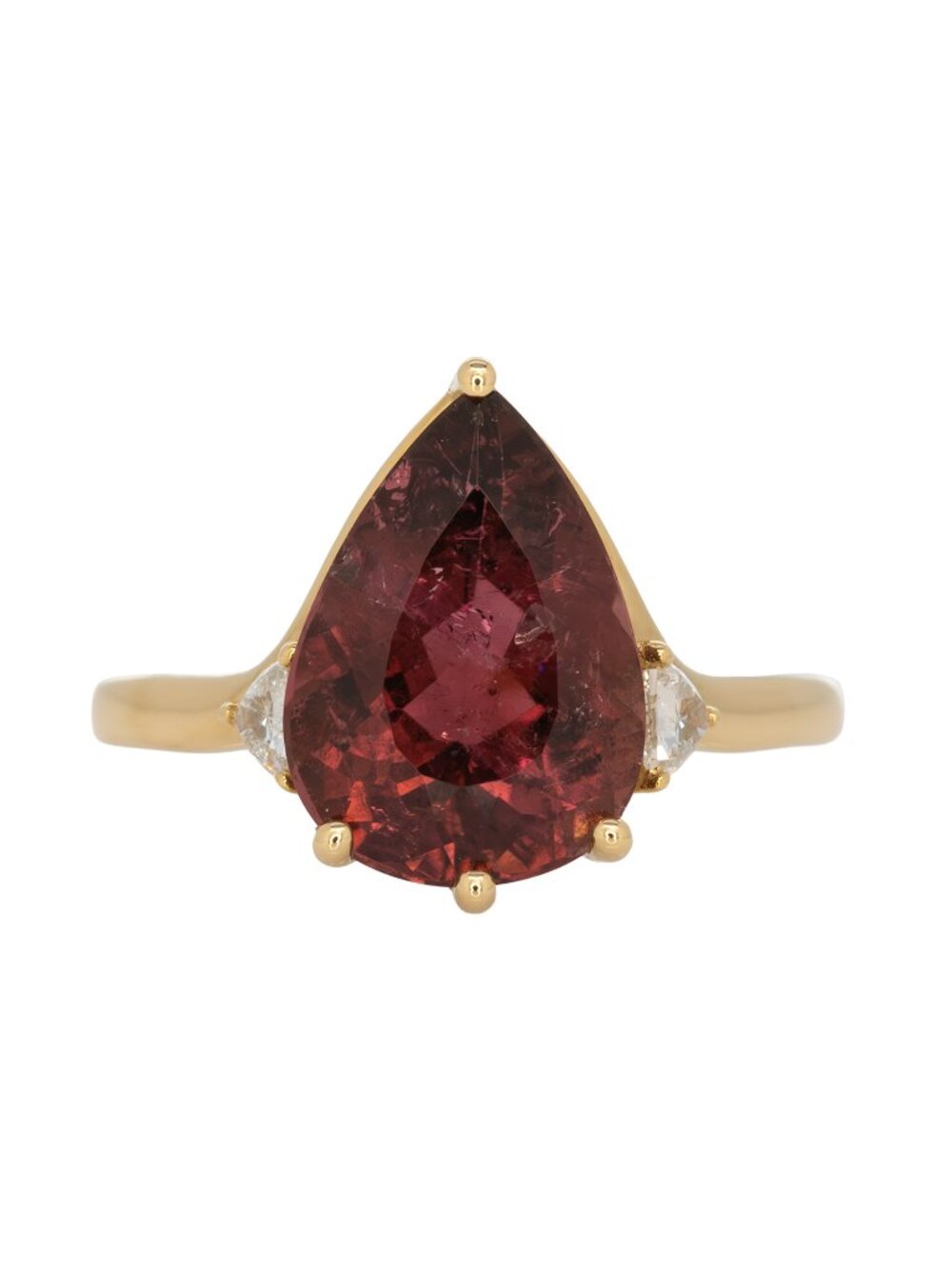 Natural Pink Tourmaline Ring with Trillion Cut Diamonds in 14K Yellow Gold